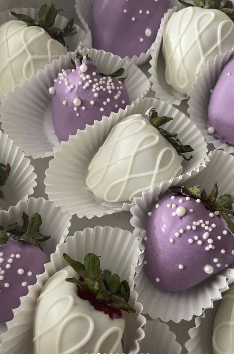 White and lavender chocolate-covered strawberries
