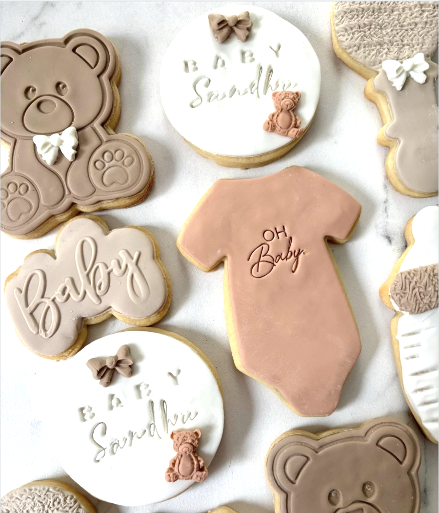 Baby shower sugar cookie set — teddy bears, onesie, Baby Sandhu plaque